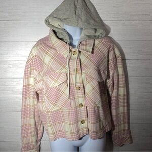 Aeropostale shacket flannel button-up long sleeve cropped hoodie lilac plaid NWT